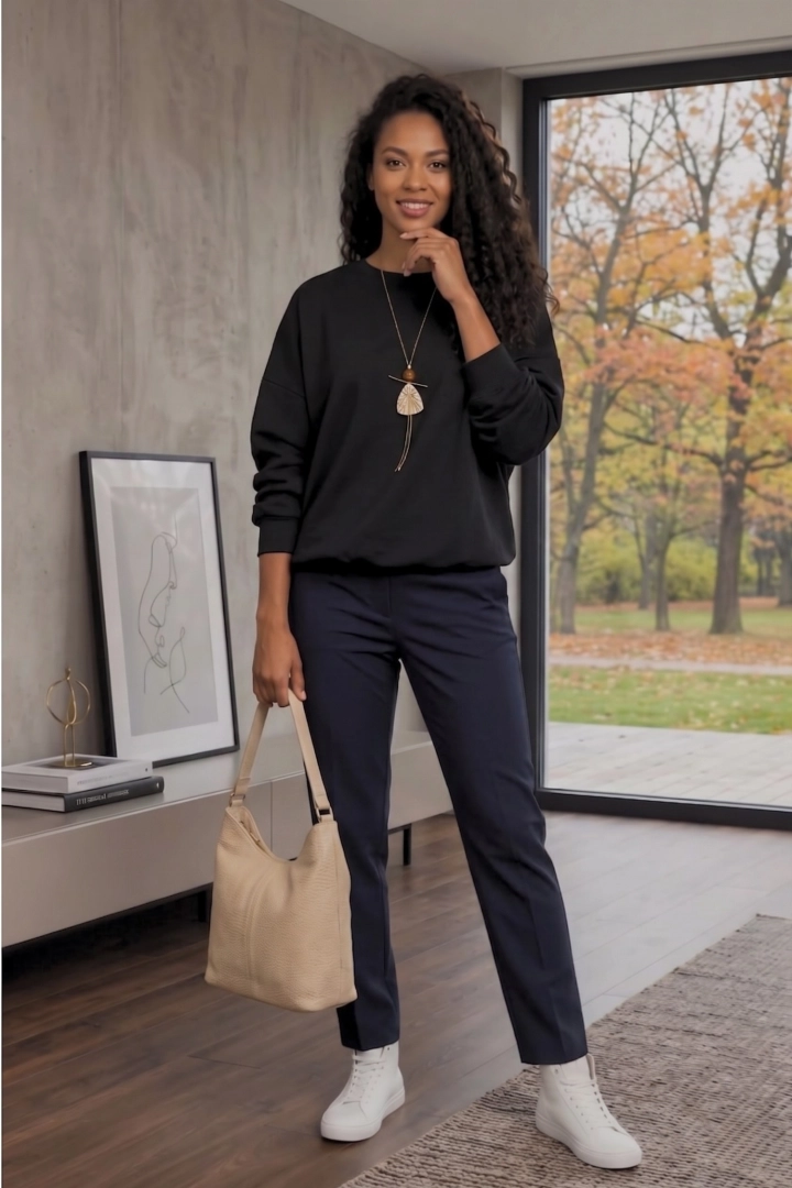 Bluza bombka damska czarna długi rękaw luźna obniżone ramiona Cermignano