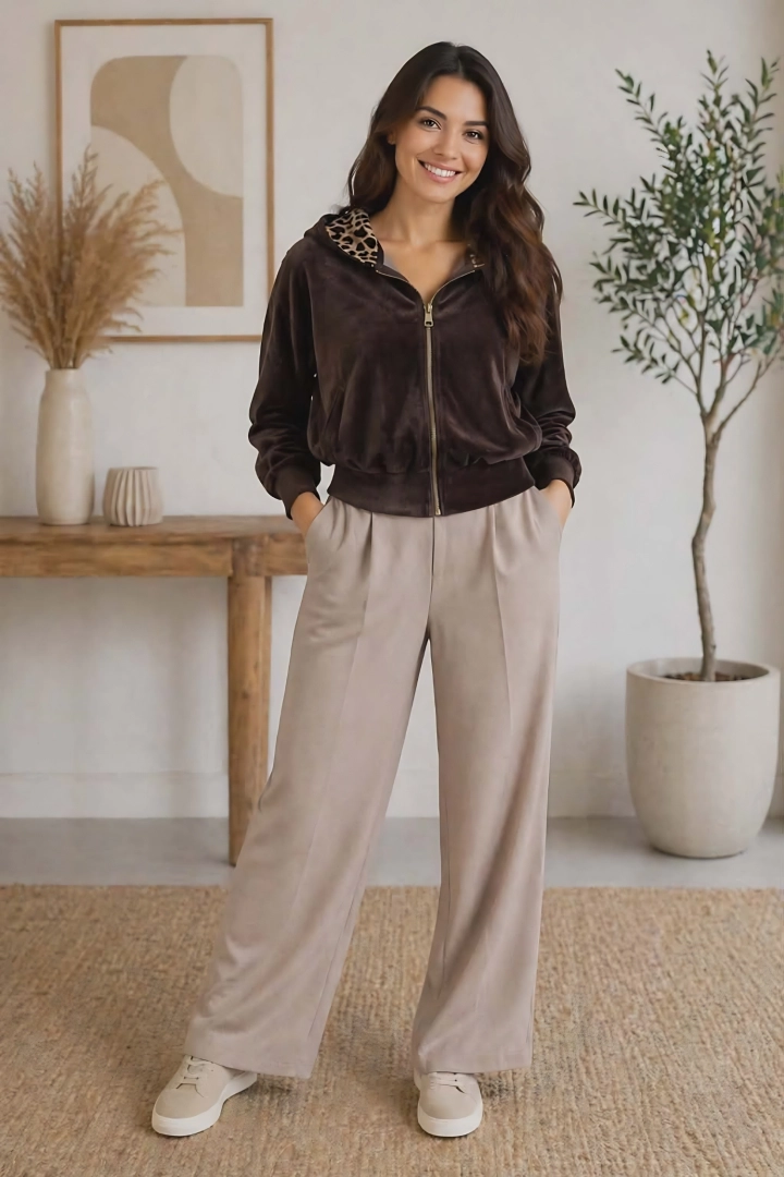 Bluza Arcinazzo brązowa welurowa z suwakiem i kapturem oraz kieszeniami fason swobodny