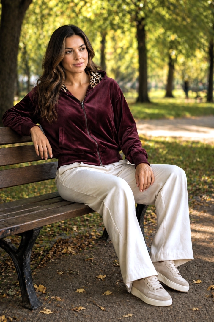 Bluza Arcinazzo śliwkowa welurowa z suwakiem i kapturem oraz kieszeniami fason swobodny