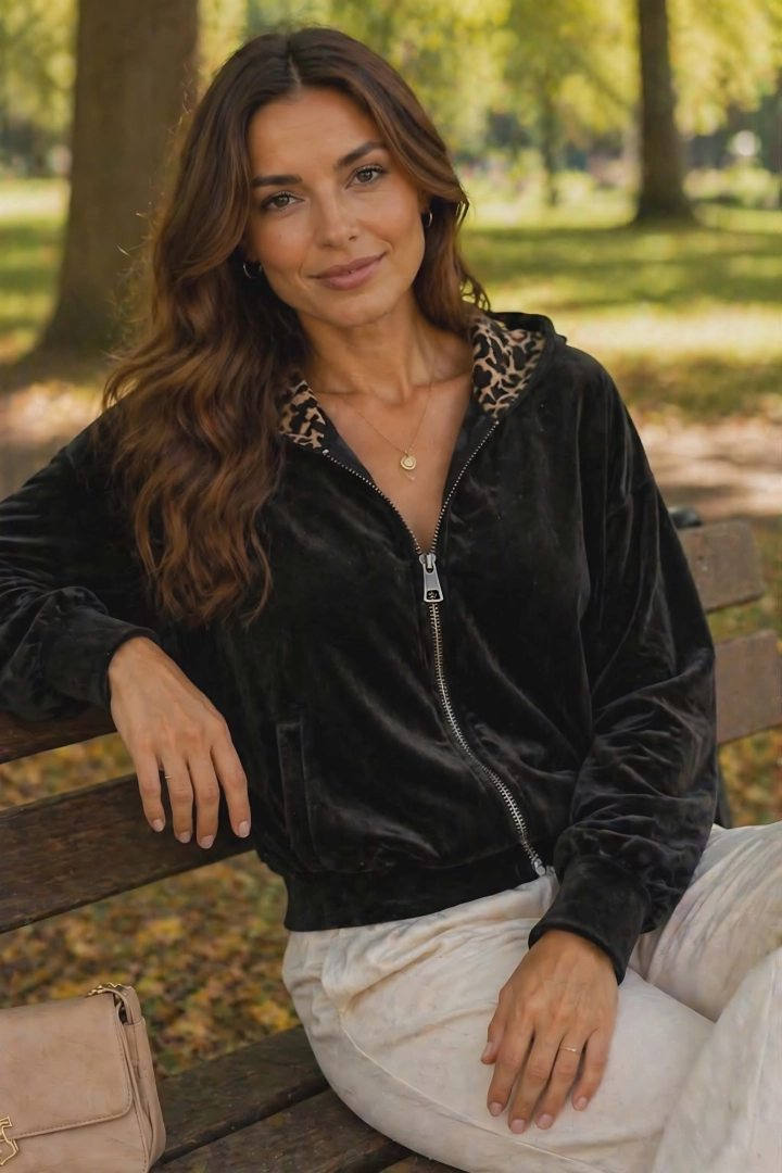 Czarna bluza welurowa Arcinazzo rozsuwana z kapturem i kieszeniami fason codzienny