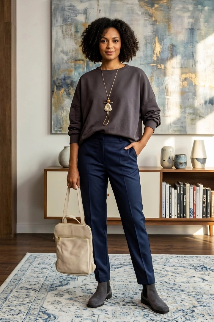 Bluza bombka brązowa z długim rękawem okrągłym dekoltem i obniżoną linią ramion Cermignano