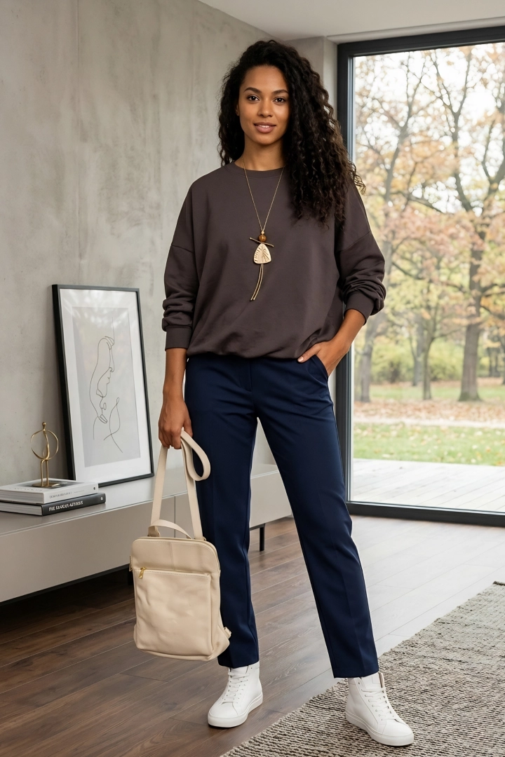 Bluza damska brązowa oversize bombka obniżona linia ramion okrągły dekolt Cermignano