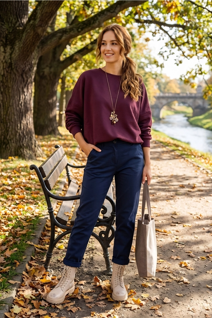 Bluza damska śliwkowa bombka długi rękaw okrągły dekolt obniżona linia ramion Cermignano