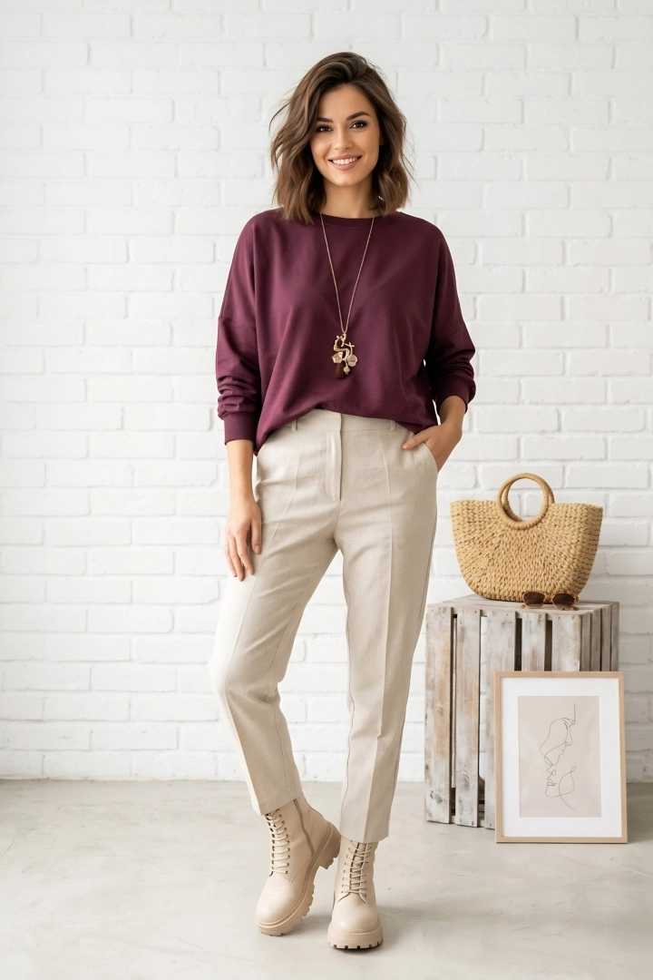 Bluza śliwkowa damska luźna bombka z długim rękawem i okrągłym dekoltem Cermignano