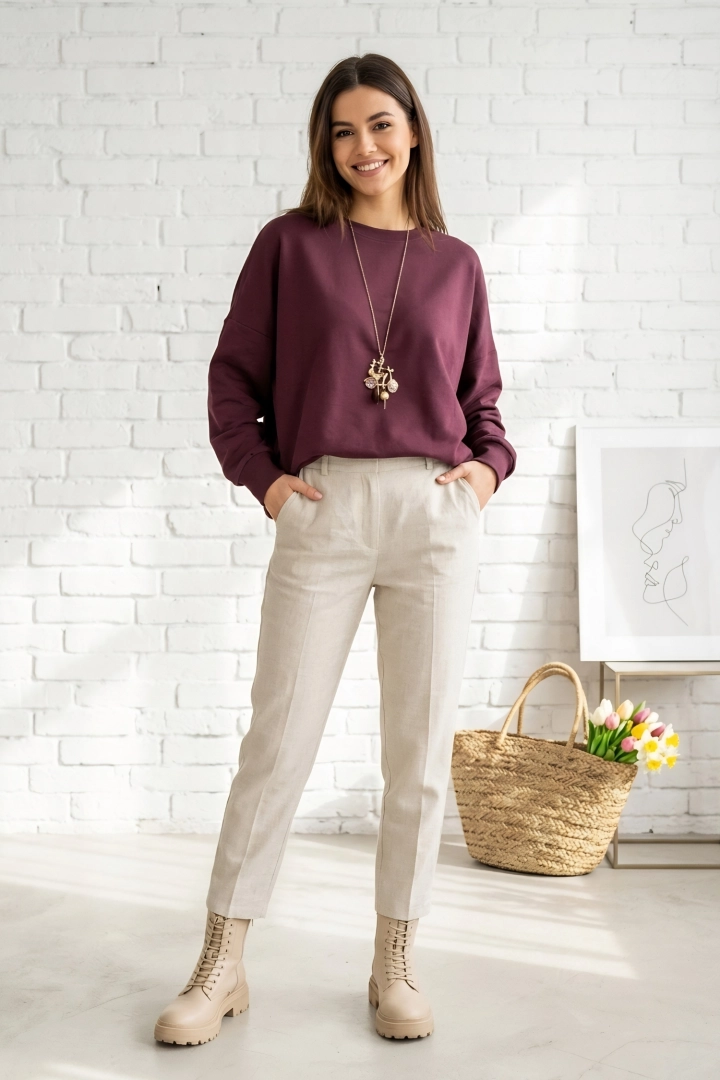 Bluza damska śliwkowa oversize bombka obniżona linia ramion okrągły dekolt Cermignano