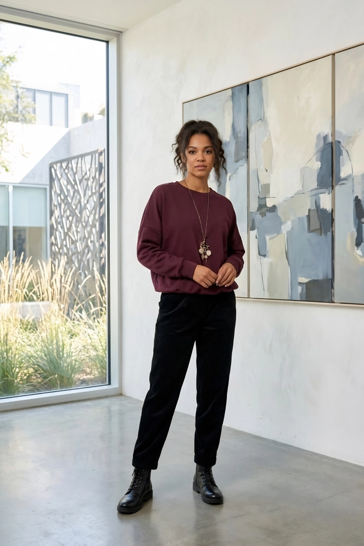 Bluza bombka damska śliwkowa długi rękaw luźna obniżone ramiona Cermignano