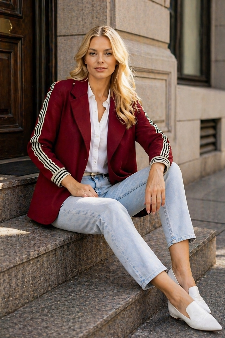 Żakiet damski Prenestina bordowy sportowy z kapturem zapinany na guzik z lampasami na rękawach