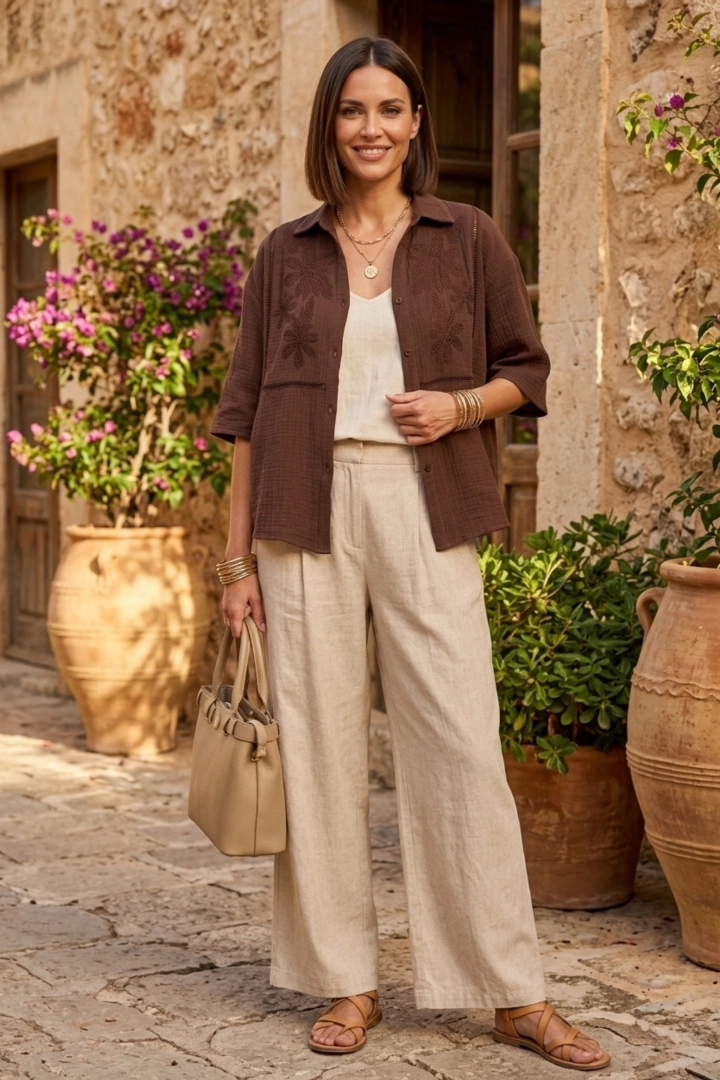 Koszula damska brązowa muślinowa krótki rękaw haftowane kwiaty zapinana Giulianova