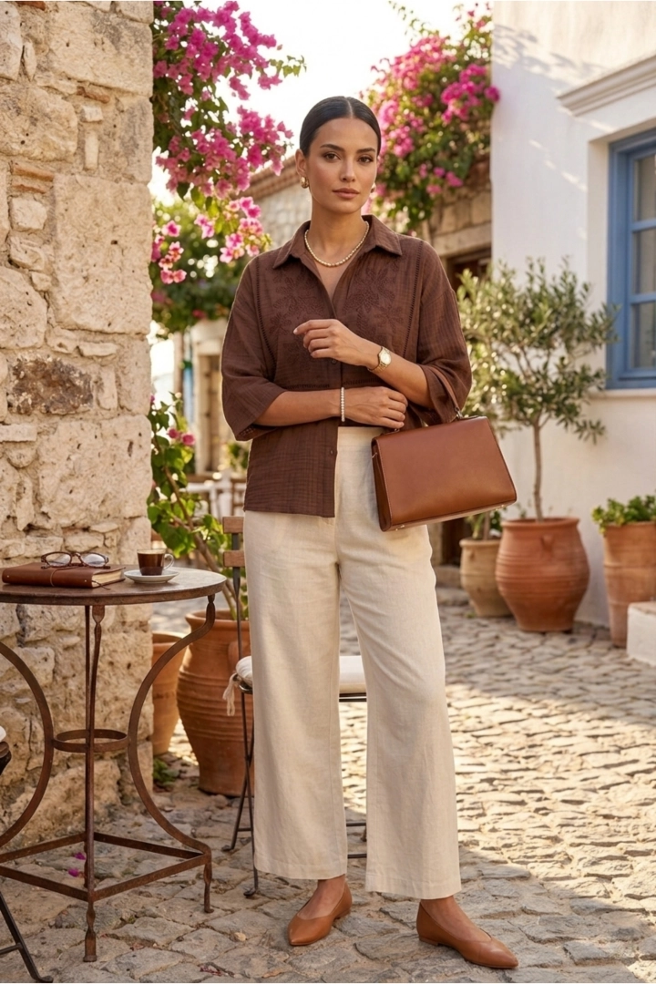 Koszula muślinowa brązowa damska z kołnierzem haft kwiaty guziki Giulianova