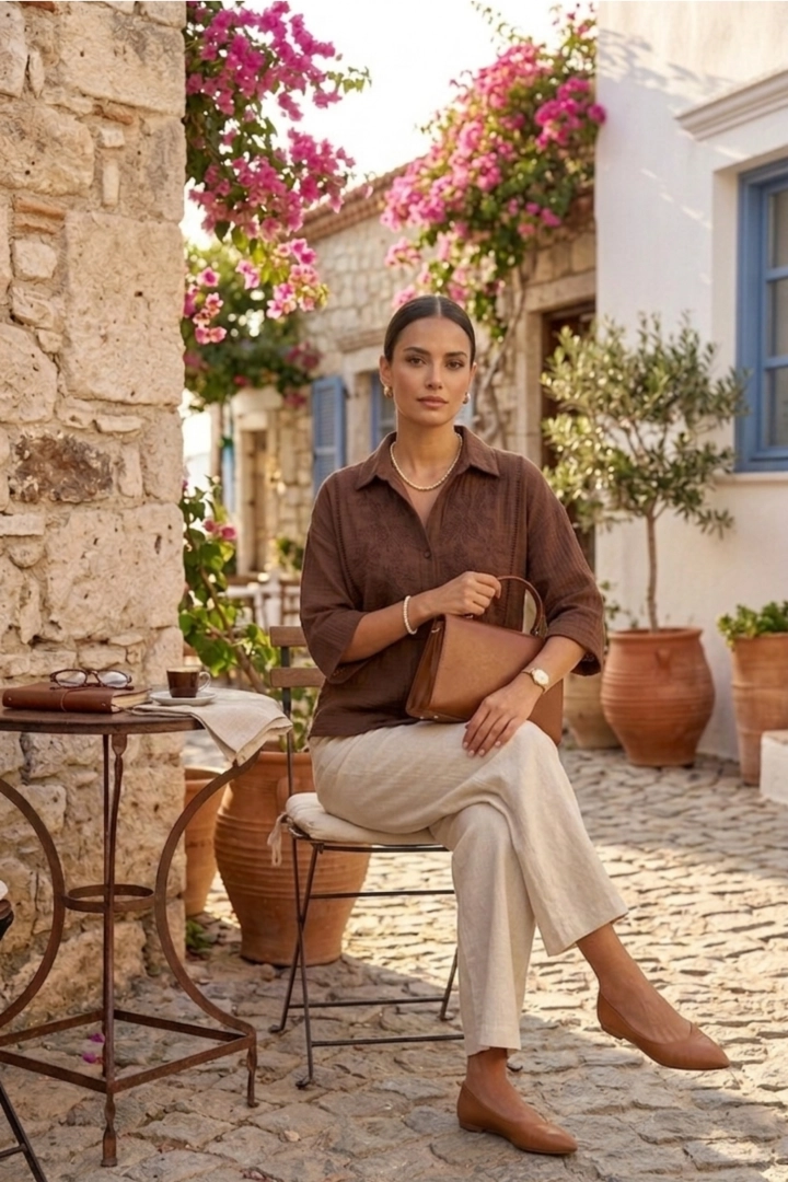 Koszula damska muślinowa brązowa luźna krótki rękaw haft kwiatowy Giulianova