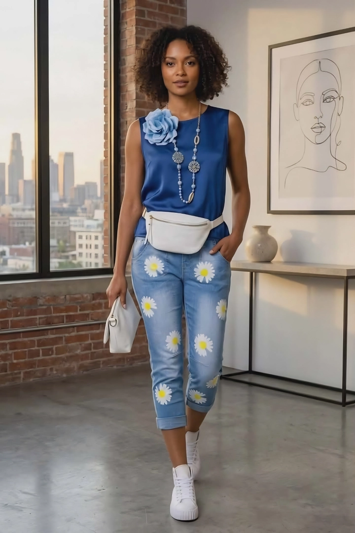 jeansy damskie skinny jasny denim z kwiatowym nadrukiem stokrotek błyszczące Idrovore