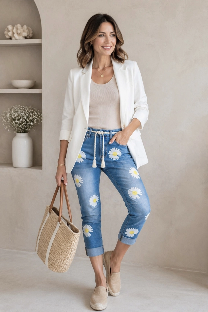 spodnie damskie skinny jeans jasnoniebieskie z nadrukiem stokrotek błyszczące styl casual Idrovore