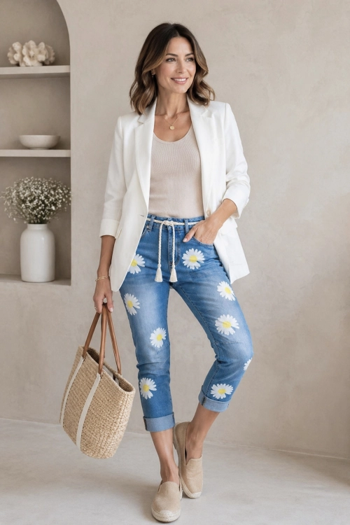 spodnie damskie skinny jeans jasnoniebieskie z nadrukiem stokrotek błyszczące styl casual Idrovore