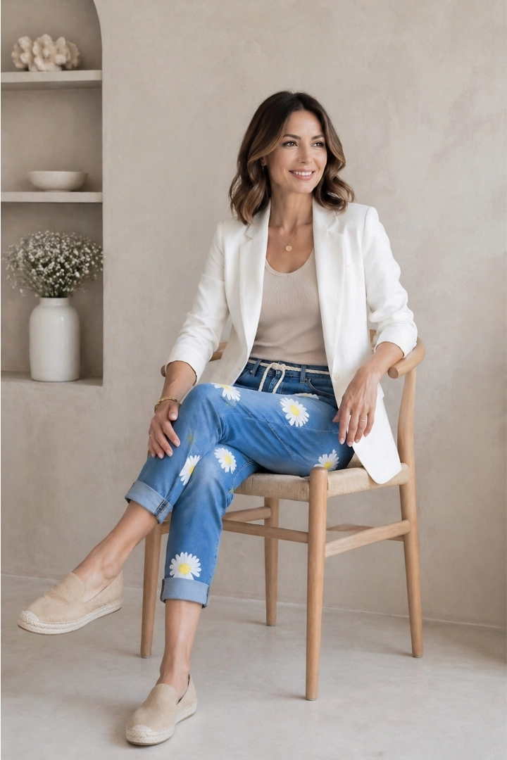 spodnie damskie skinny jeans błękitne z aplikacją stokrotek połyskujące Idrovore