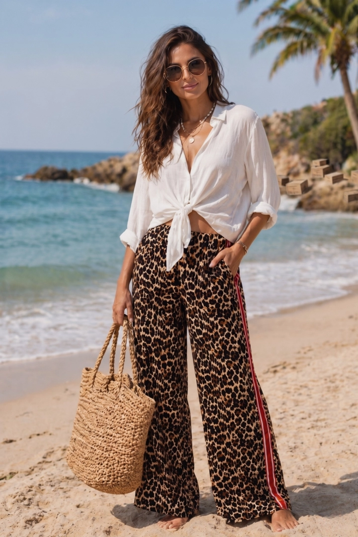 spodnie damskie panterka luźne szerokie nogawki z lampasami Posticeddu