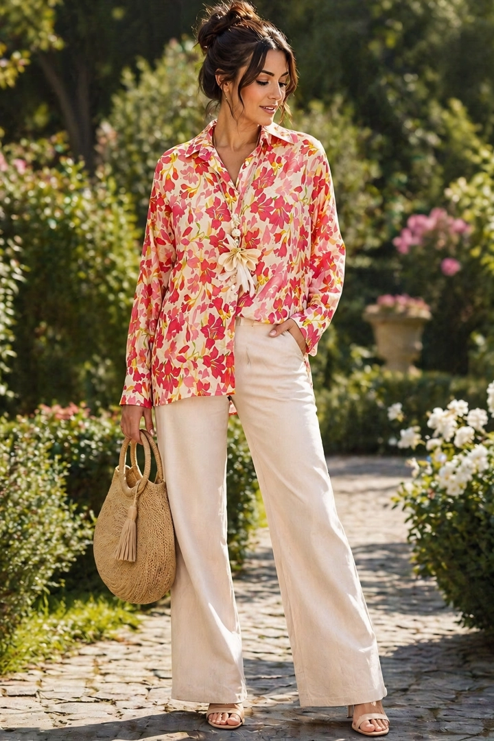 Koszula damska beżowa z fuksją na lato oversize w kwiaty z kołnierzykiem i guzikami Cicilianoa