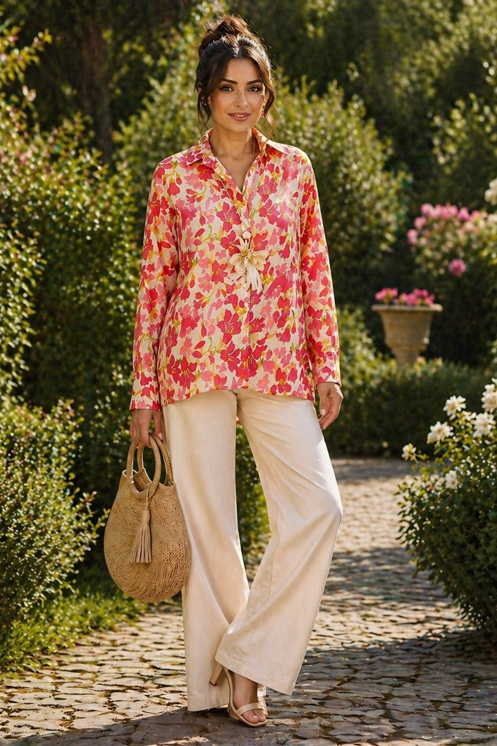 Koszula damska Cicilianoa beżowa z fuksją w kwiaty oversize z kołnierzykiem i zapięciem na guziki