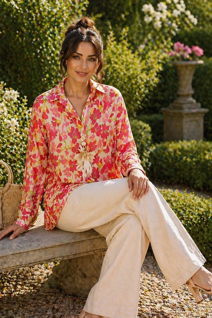 Koszula damska Cicilianoa beżowa z fuksją oversize w kwiaty z kołnierzykiem i guzikami