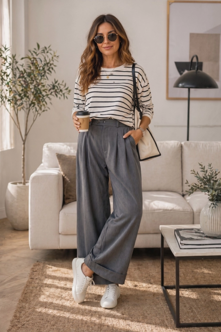 Spodnie damskie grafitowe wide leg szerokie nogawki przeszycia kieszenie Senarica