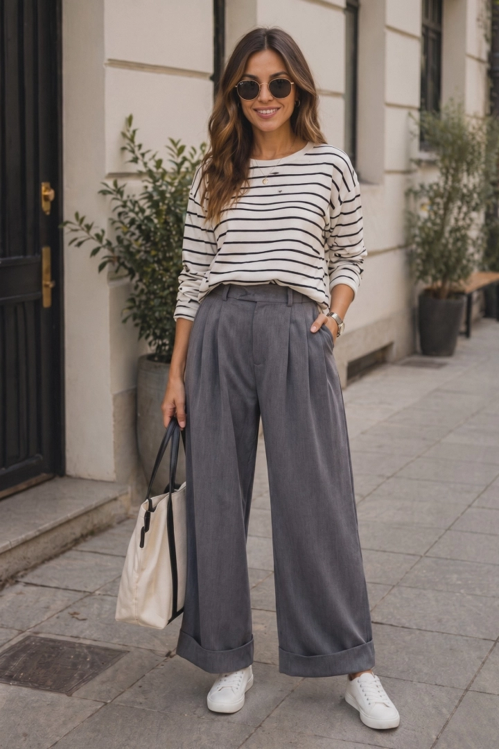 Spodnie wide leg grafitowe eleganckie z przeszyciami i kieszeniami Senarica