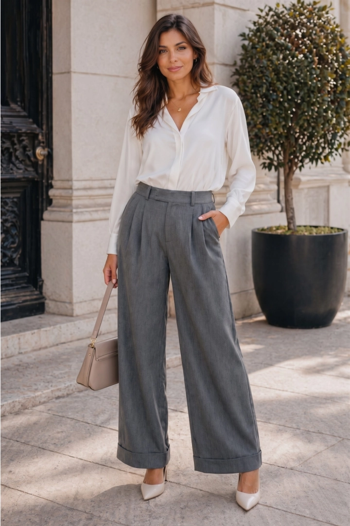 Spodnie damskie grafitowe szerokie nogawki z mankietami i kieszeniami Senarica