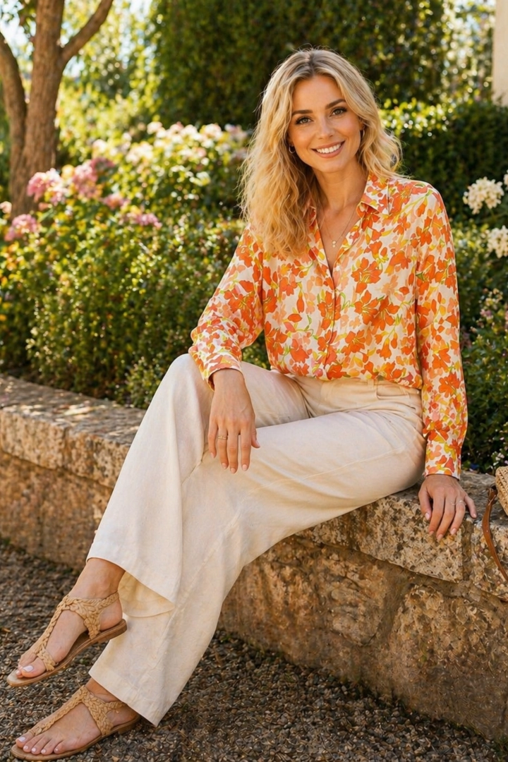 Koszula w kwiaty Cicilianoa beżowa z pomarańczowym oversize z długim rękawem i kołnierzykiem