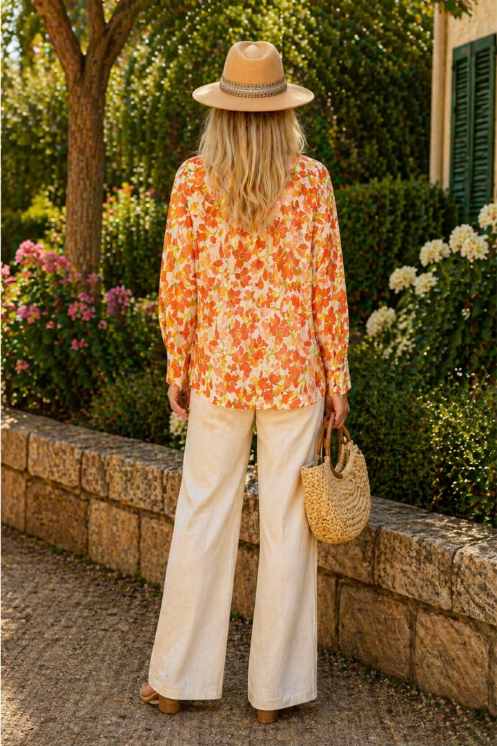 Beżowa z pomarańczowym koszula Cicilianoa na lato oversize w kwiaty z długim rękawem i kołnierzykiem