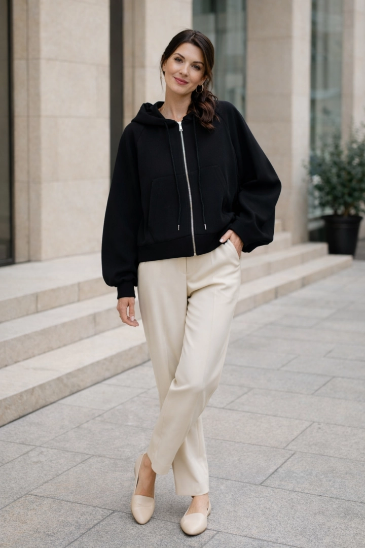 Bluza oversize czarna na suwak z kapturem kieszeniami i ortalionową wstawką z tyłu Corropoli