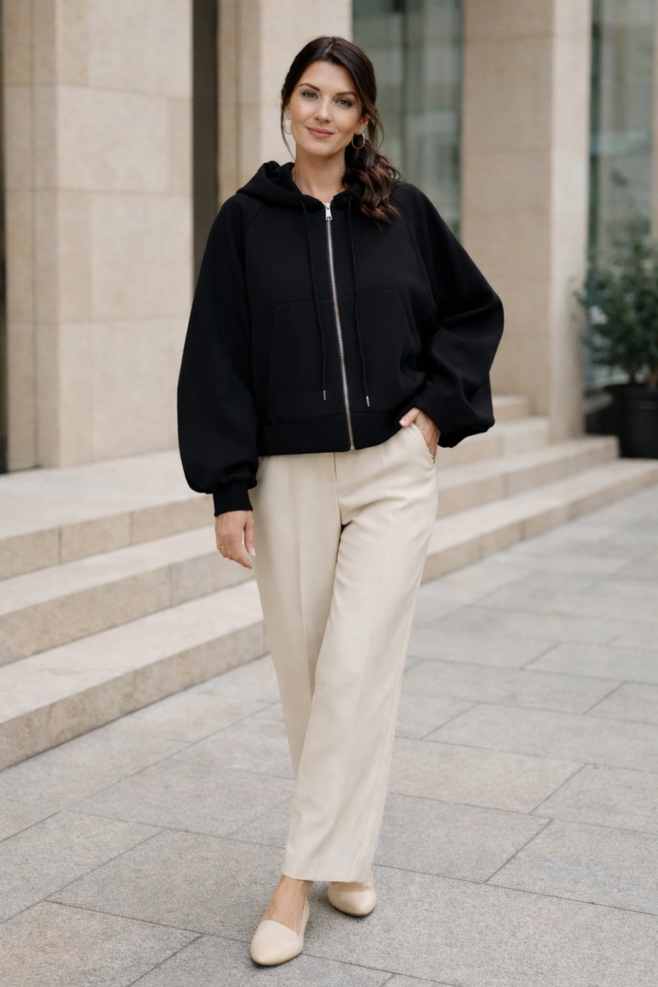 Bluza damska czarna oversize na suwak kaptur kieszenie ortalion tył Corropoli