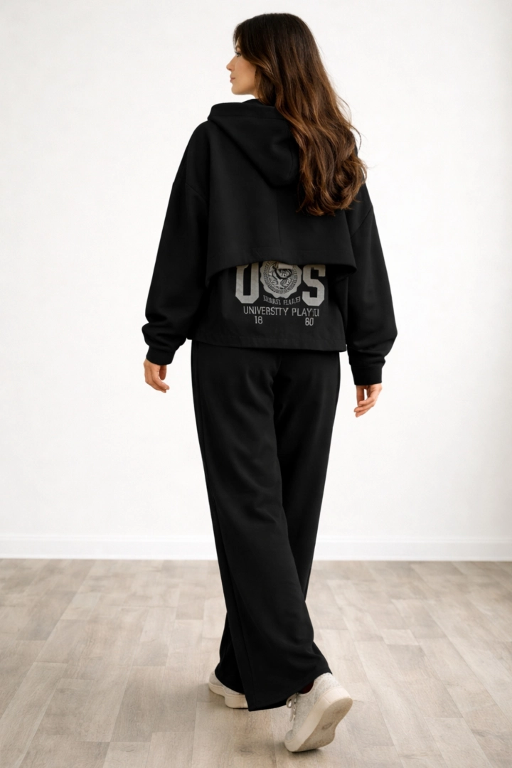 Bluza czarna oversize damska z kapturem i kieszeniami ortalionowa wstawka Corropoli