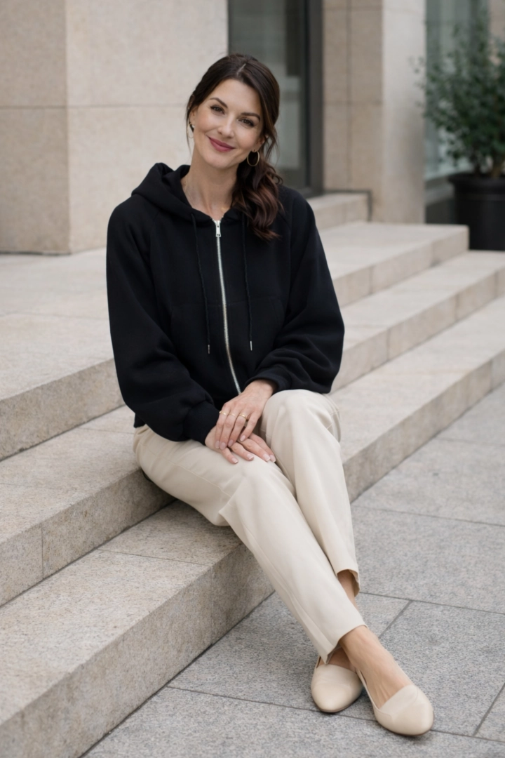 Bluza oversize czarna na suwak z kapturem i ortalionowym tyłem Corropoli