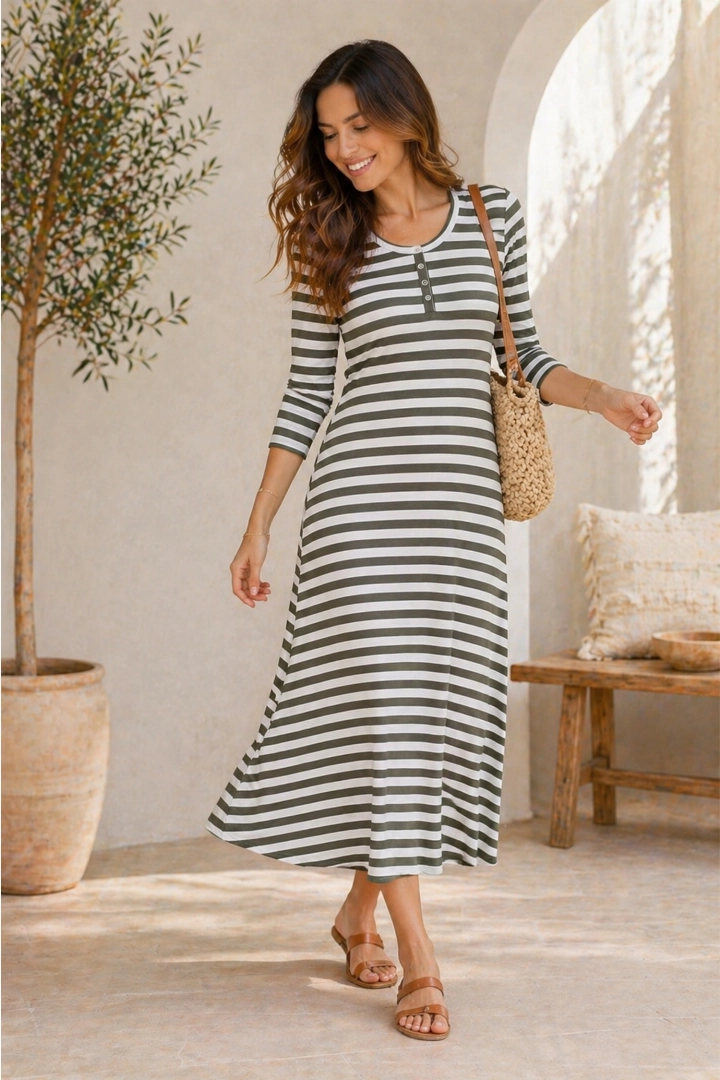 sukienka damska midi w paski khaki i białe rozkloszowana casual Monticelli