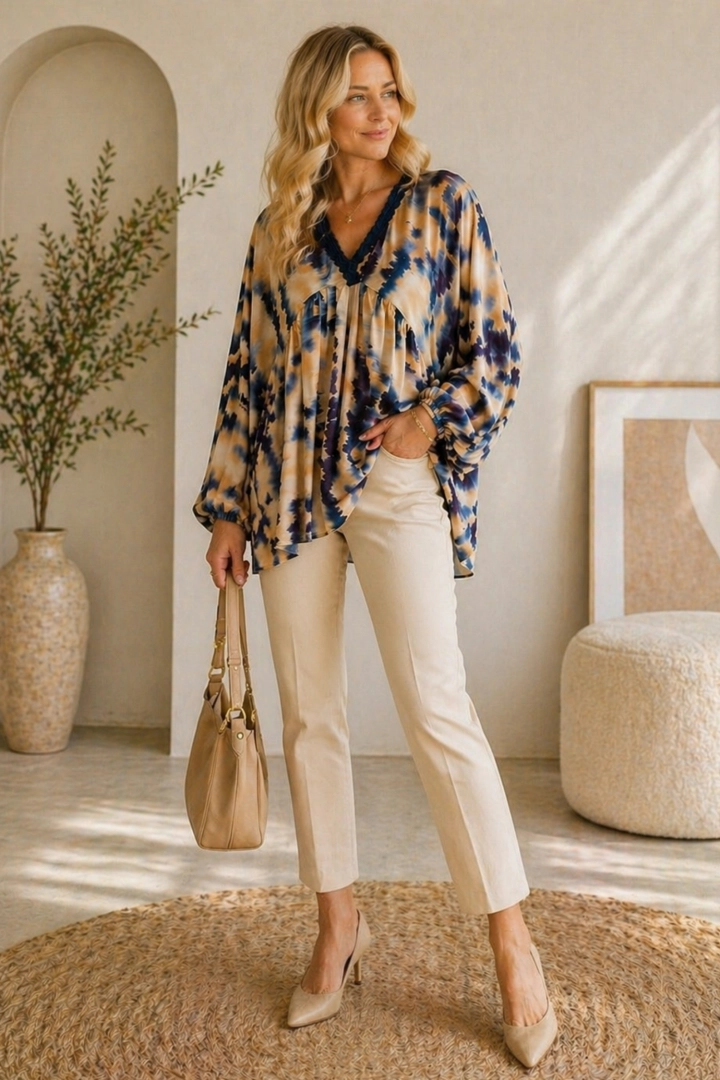 Tunika Civenna beżowo granatowa mega oversize z rękawem kimono i długim rękawem zakończonym gumką wyróżnia się swobodnym fasonem