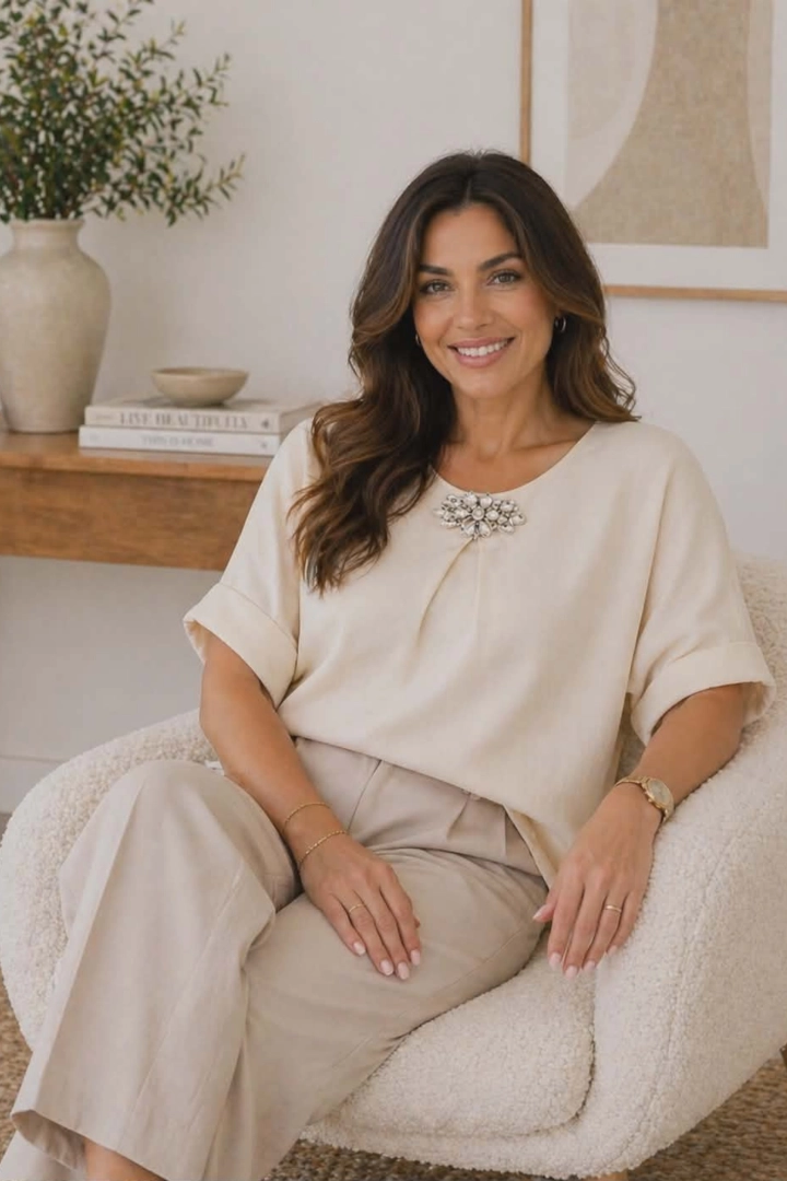 Bluzka beżowa damska z aplikacją z kamieni i krótkim rękawem Silvi