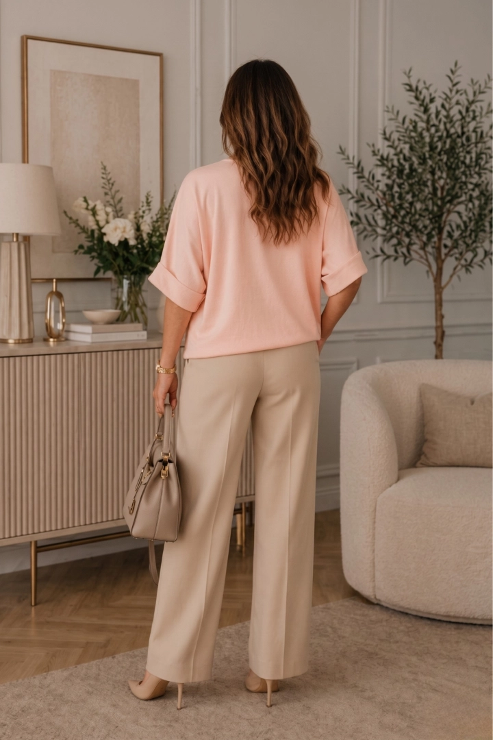 Bluzka damska pudrowy róż krótki rękaw okrągły dekolt ozdobne kamienie Silvi