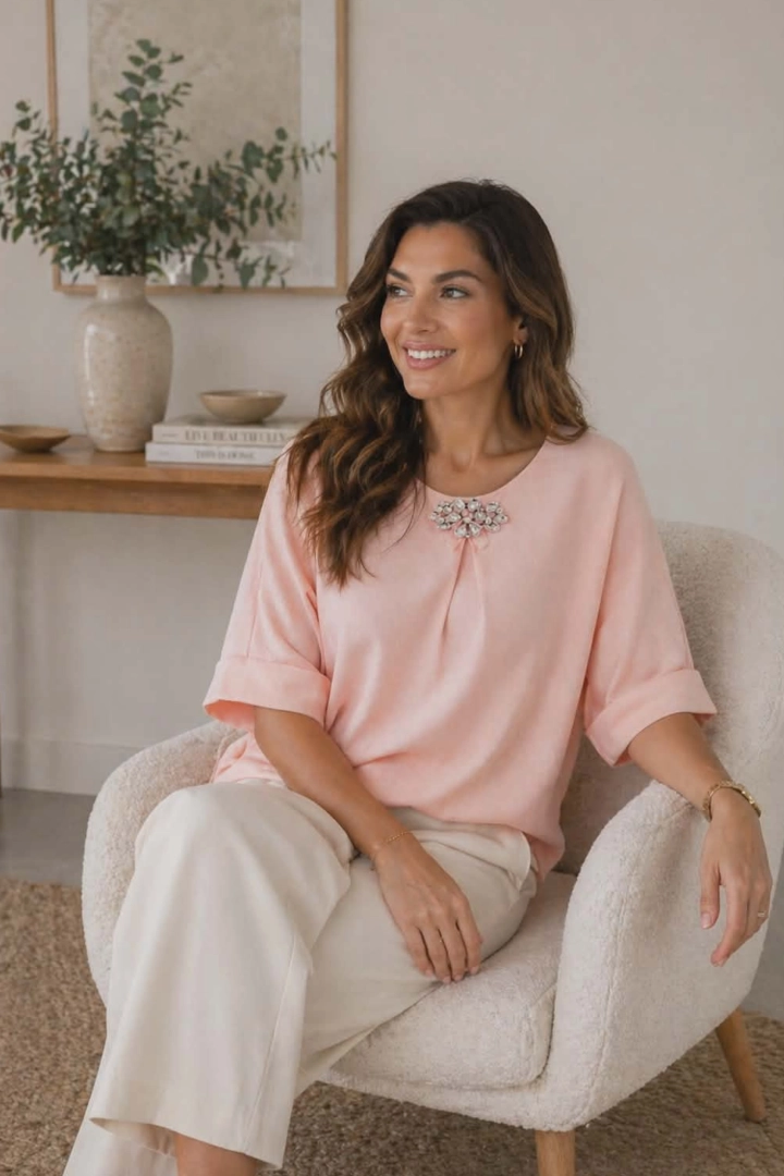 Bluzka damska pudrowy róż elegancka z kamieniami przy dekolcie Silvi