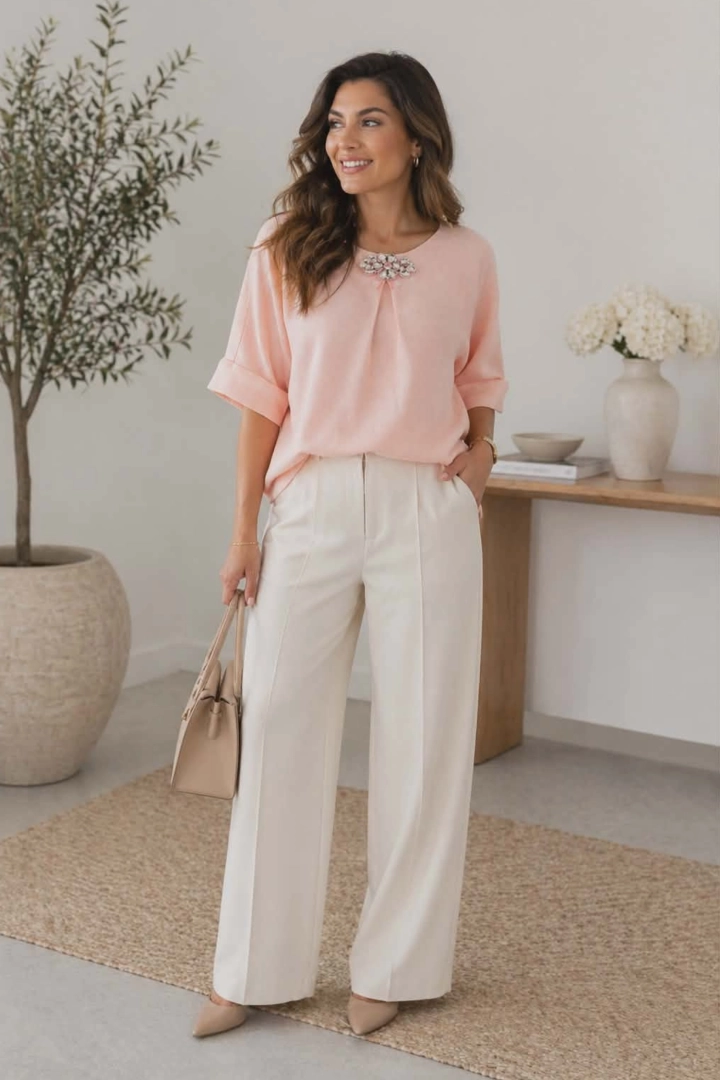 Bluzka pudrowo różowa krótki rękaw okrągły dekolt ozdobna aplikacja Silvi