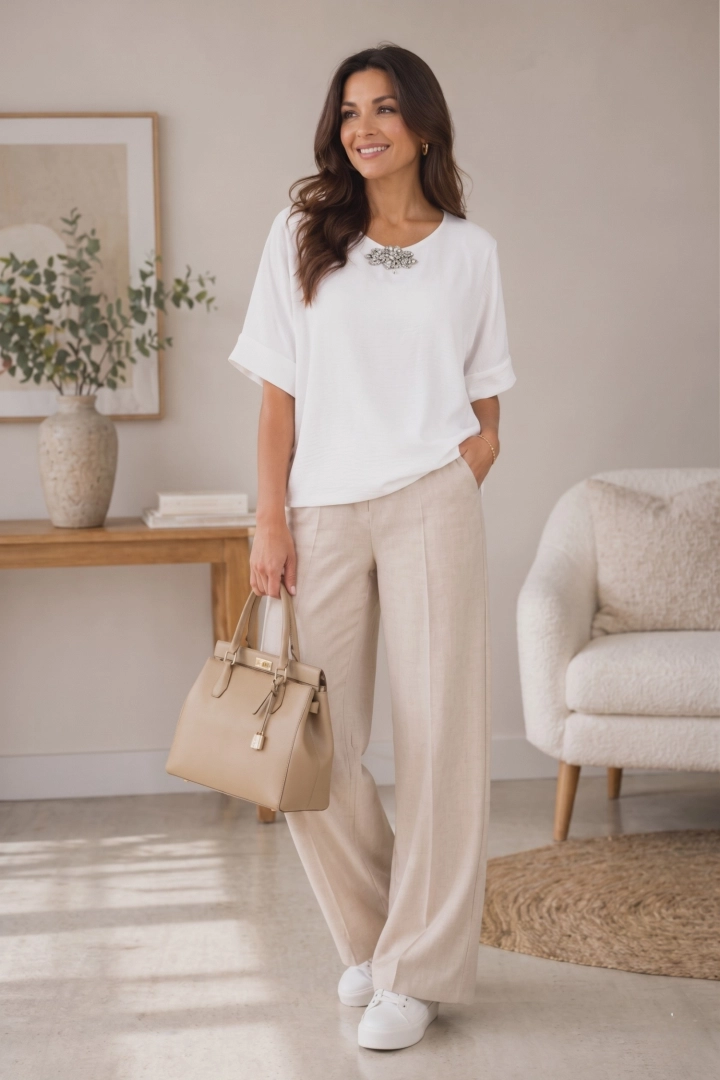 Bluzka biała z krótkim rękawem okrągłym dekoltem i aplikacją z kamieni Silvi