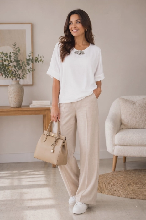 Bluzka biała z krótkim rękawem okrągłym dekoltem i aplikacją z kamieni Silvi