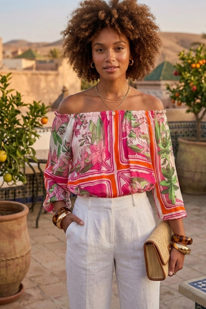 Bluzka Colonno fuksja asymetryczna hiszpanka z jedwabnej tkaniny podkreśla kobiecy charakter i lekkość