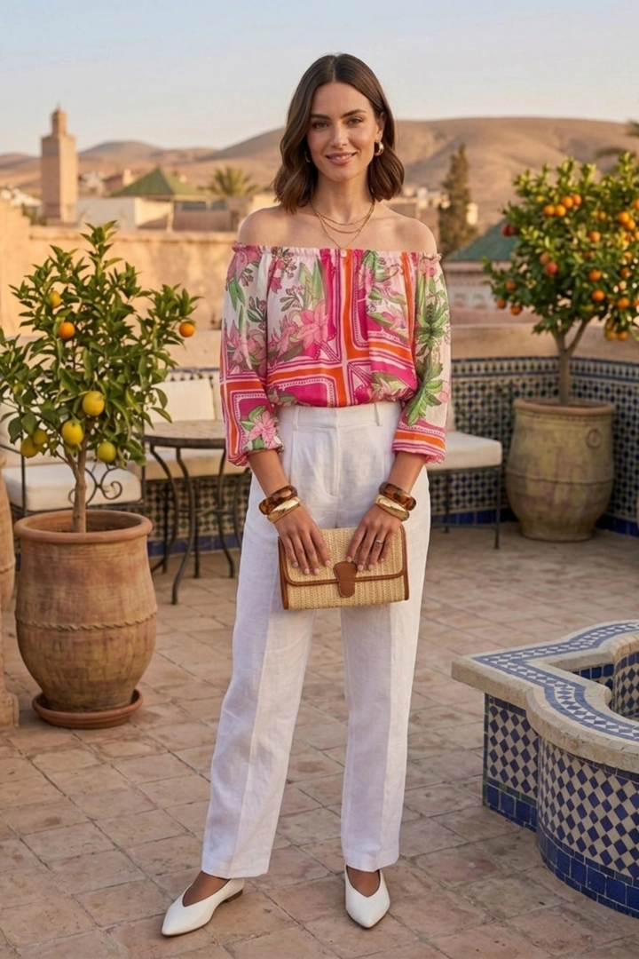 Bluzka Colonno fuksja hiszpanka z podszewką i marszczeniem przy rękawach to wygodny fason na co dzień