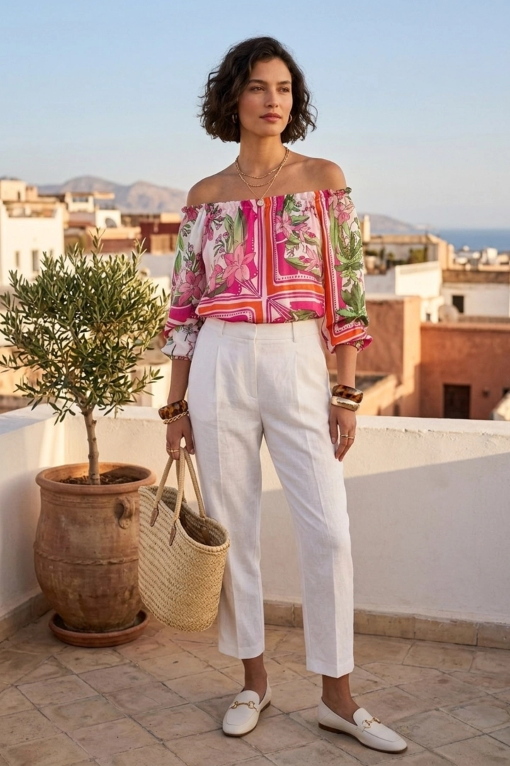 Bluzka Colonno fuksja hiszpanka z długim rękawem i asymetrycznym krojem wyróżnia się nowoczesnym fasonem