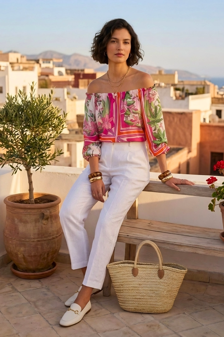 Bluzka Colonno fuksja hiszpanka asymetryczna z podszewką to lekki fason na sezon wiosna lato