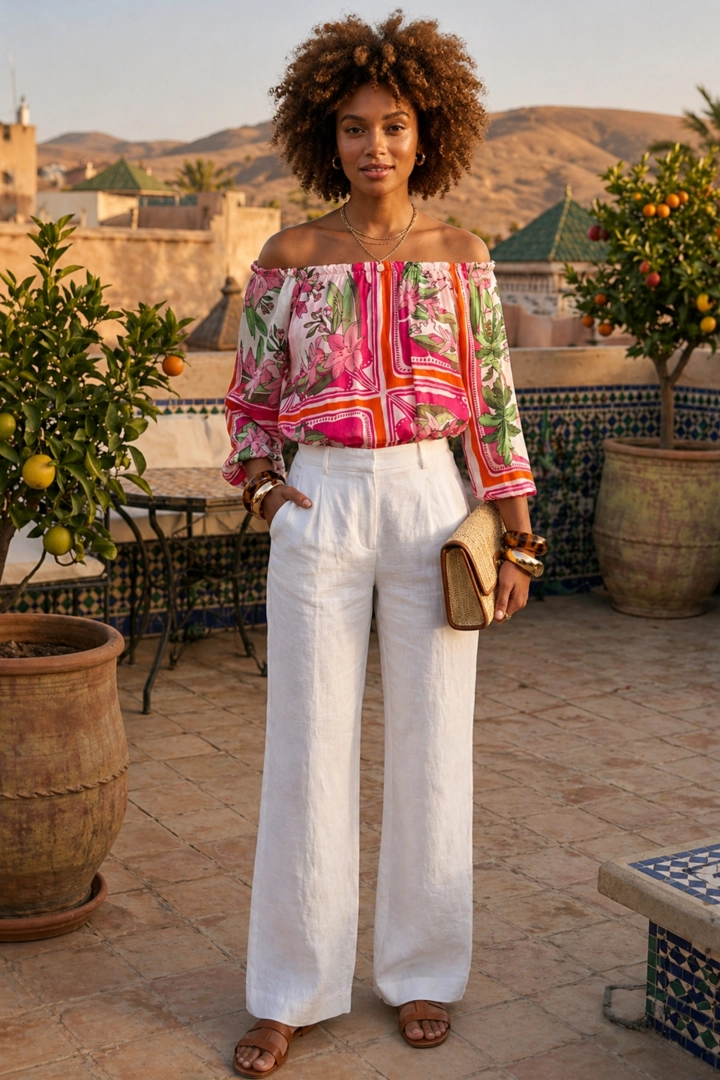 Bluzka Colonno fuksja asymetryczna z długim rękawem i odkrytymi ramionami prezentuje wyrazisty fason