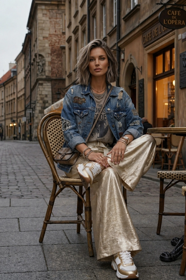 Spodnie damskie beżowe szerokie nogawki wysoki stan gumka zakładki błyszczące Arvier