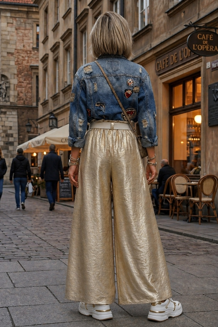 Spodnie wide leg beżowe eleganckie z kieszeniami i zakładkami wysoki stan Arvier