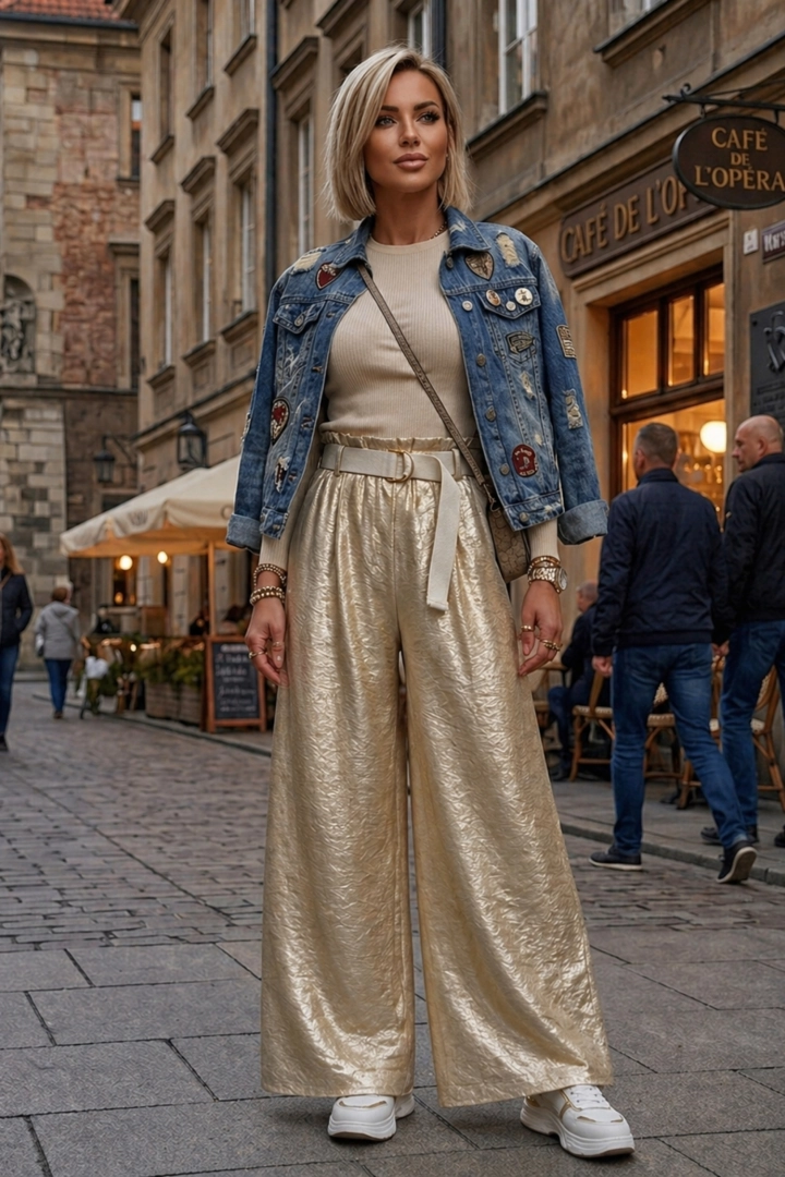 Spodnie wide leg beżowe z zakładkami kieszeniami wysokim stanem na gumce błyszczące Arvier