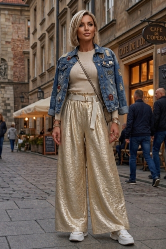 Spodnie wide leg beżowe z zakładkami kieszeniami wysokim stanem na gumce błyszczące Arvier