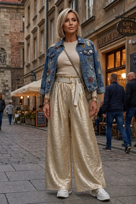 Spodnie wide leg beżowe z zakładkami kieszeniami wysokim stanem na gumce błyszczące Arvier