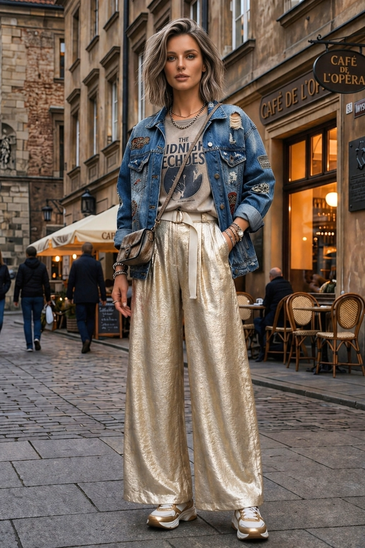 Spodnie damskie beżowe luźne z wysokim stanem gumką i szeroką nogawką Arvier